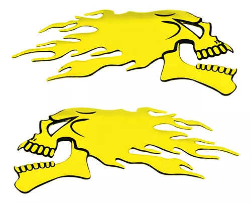 2 Adesivos Emblema Amarelo Caveiras Chamas Moto Car Fantasma